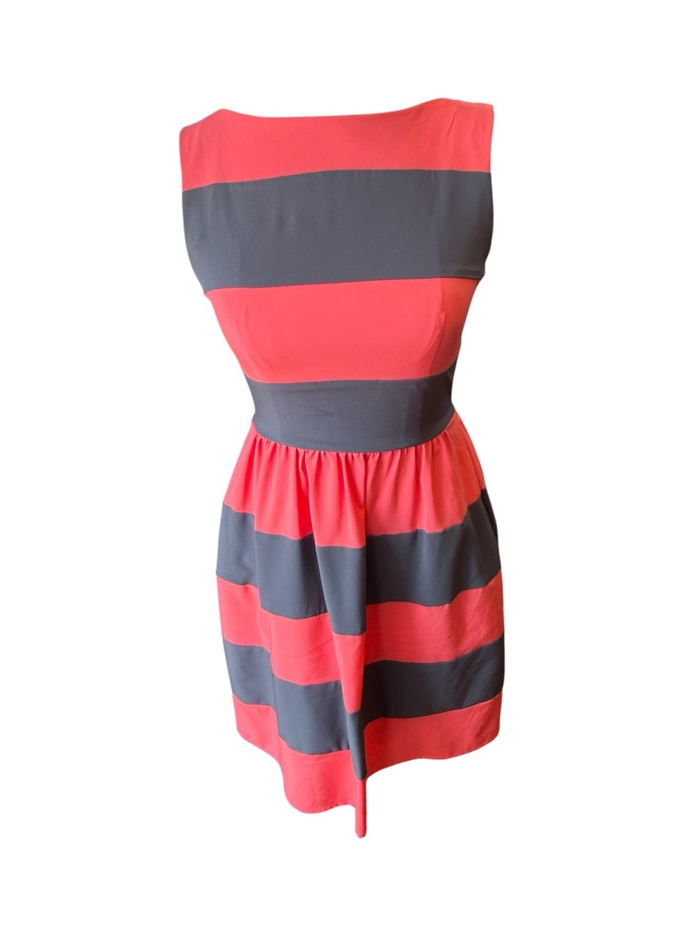B Darlin Coral and Charcoal Striped Fit & Flare Dress